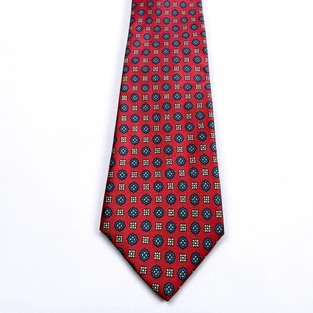 Claybrooke Mens Silk Necktie Red Teal Gold Medallion Geometric‎ Hand Made Tie